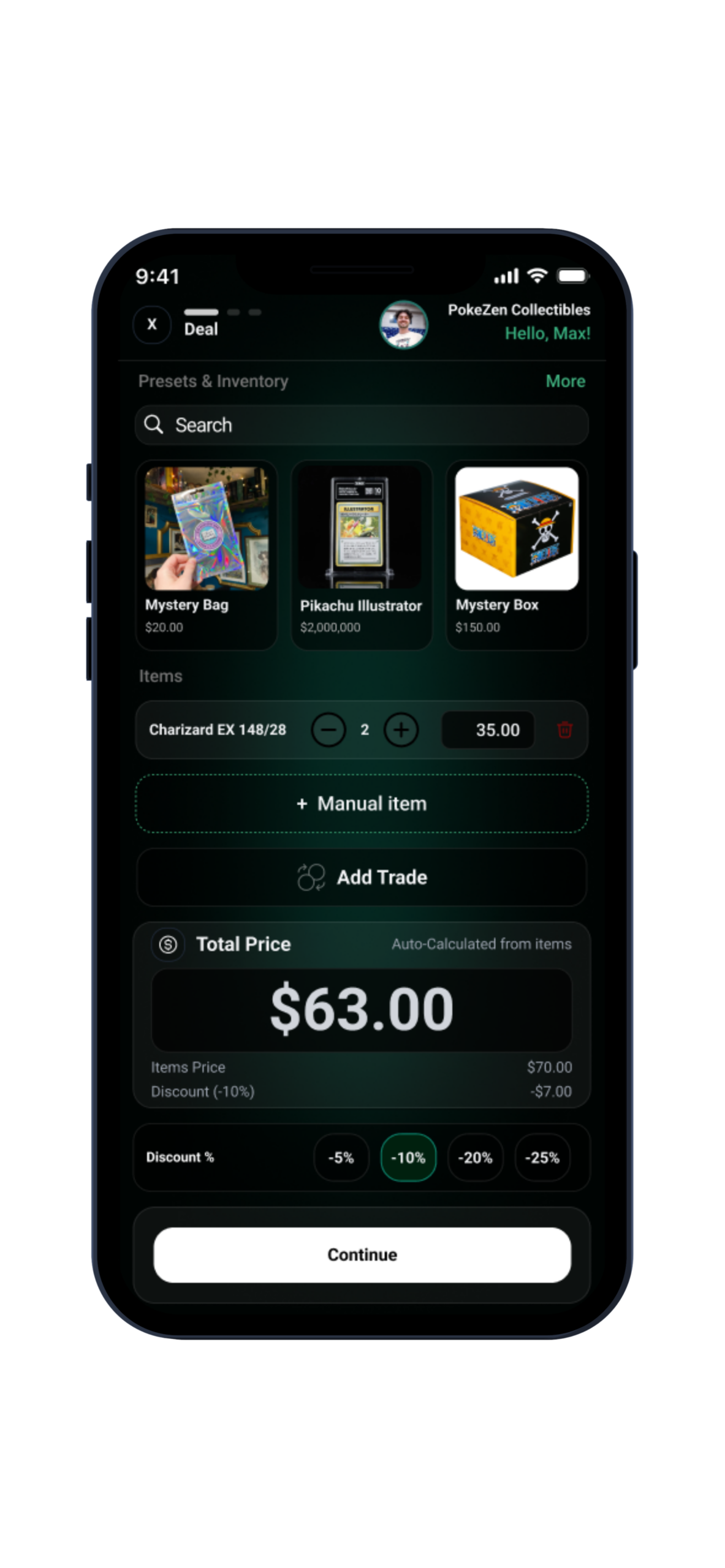 Build the deal: presets, items, total, and Continue