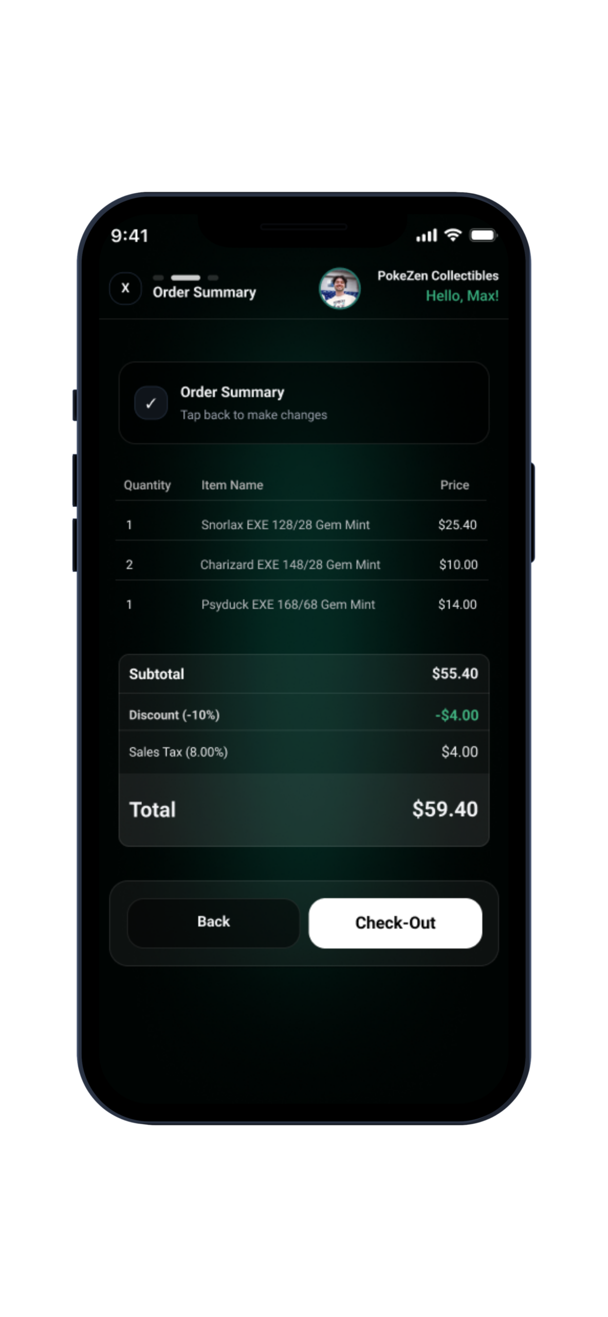 Order Summary with itemized list and totals