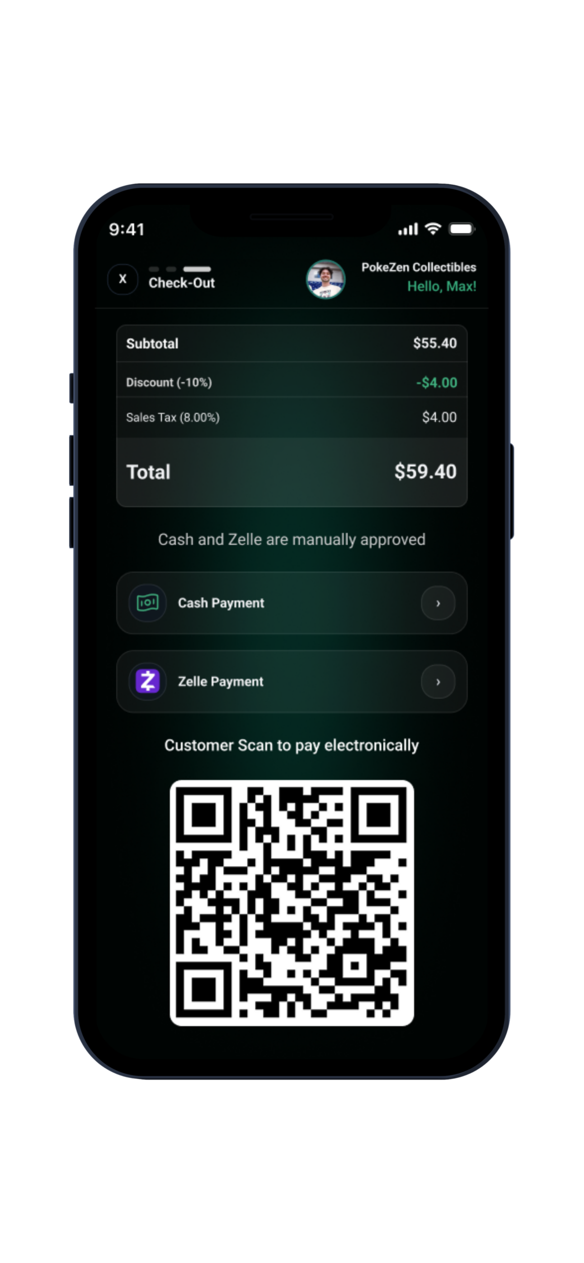 Check-Out with Cash, Zelle, and customer scan QR